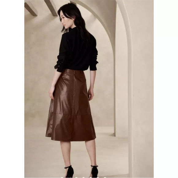 NWT Banana Republic Factory Vegan Faux Leather Brown A Line Button Midi Skirt 2 - Picture 2 of 16